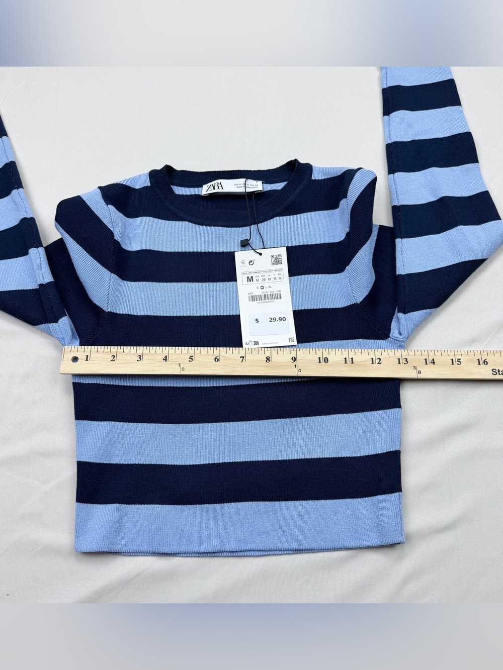 Zara Light Blue & Navy Striped Cropped Crewneck Sweater - Picture 4 of 8